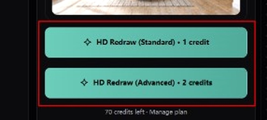 HD Redraw Standard 1 credit and Advanced 2 credits buttons